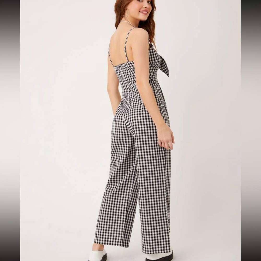 Classic Plaid Gingham Cut Out Tie Front Cami Jumper Jumpsuit - Picture 3 of 6